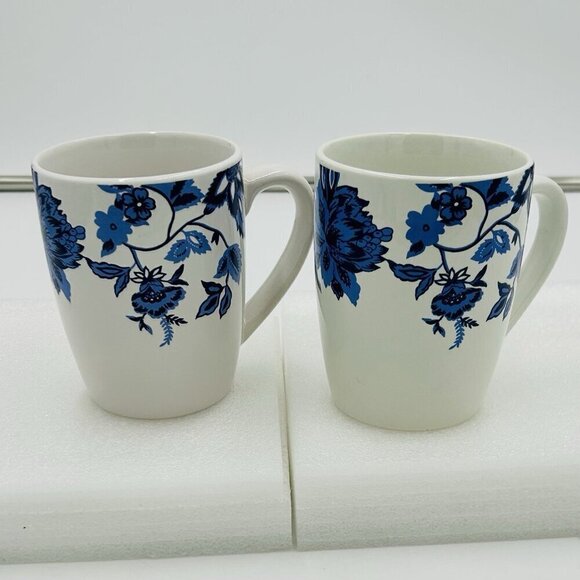 Royal Norfolk White Coffee Mugs with Royal Blue Chinese Floral Designs Set of 2 - Picture 1 of 11
